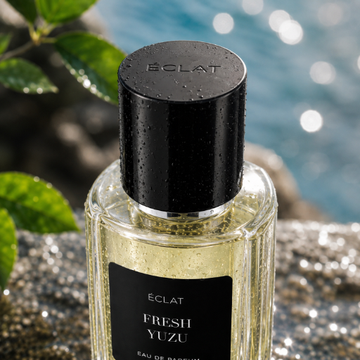 Facettierter Glasflakon von ÉCLAT Fresh Yuzu mit schwarzem Verschluss, vor natürlichem Hintergrund mit Blättern und Wassertropfen.