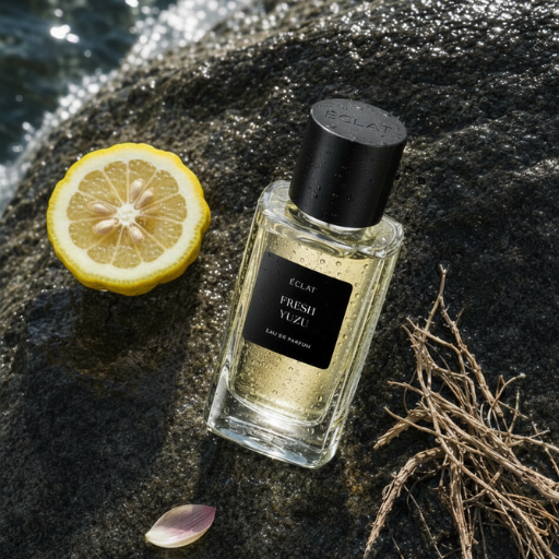 Facettierter Glasflakon von ÉCLAT Fresh Yuzu mit schwarzer matter Kappe, auf einem Felsen neben einer halbierten Yuzu-Frucht, Zweigen und einem Blütenblatt.