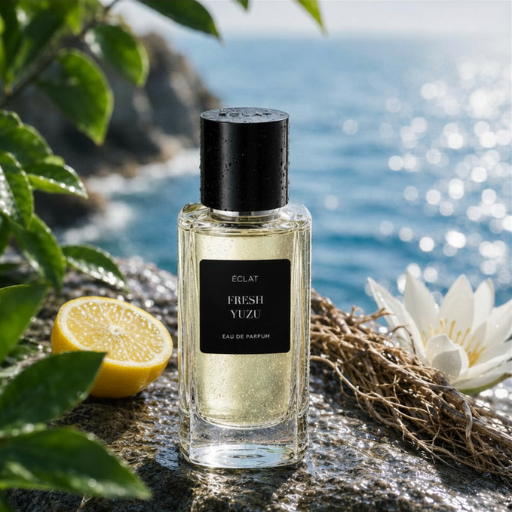 ÉCLAT Fresh Yuzu auf einer felsigen Oberfläche mit einer halbierten Yuzu und Blume, vor einem sonnenbeschienenen Meereshintergrund.