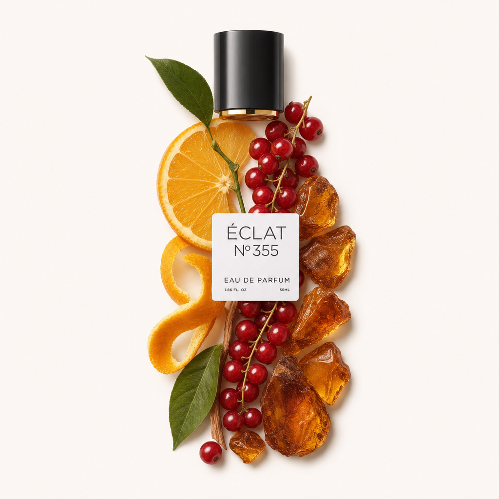Ein Arrangement aus Orangenscheiben, roten Johannisbeeren und Bernsteinharz umgibt eine schwarze Kappe mit ÉCLAT-Etikett.