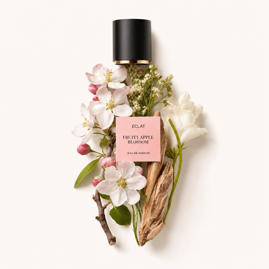 Ein Arrangement aus Apfelblüten, Zweigen und zarten weißen Blüten umgibt eine schwarze Kappe mit Etikett für ÉCLAT Fruity Apple Blossom.