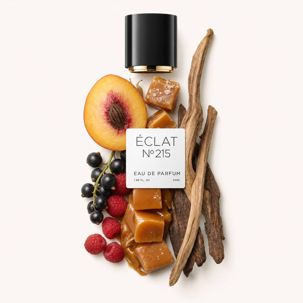 Ein Arrangement aus Karamellwürfeln, Himbeeren, schwarzen Johannisbeeren, einer halben Pfirsichhälfte und Holzstäbchen umgibt eine schwarze Kappe mit dem Etikett für ÉCLAT Fruity Caramel.