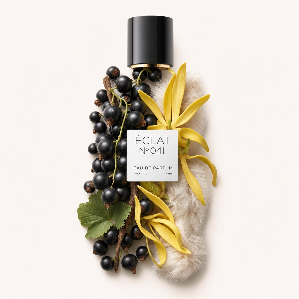 Ein Arrangement aus schwarzen Johannisbeeren, Ylang-Ylang-Blüten und Vanilleschoten umgibt eine schwarze Verschlusskappe mit einem Etikett, das den Namen ÉCLAT Fruity Cassis trägt.