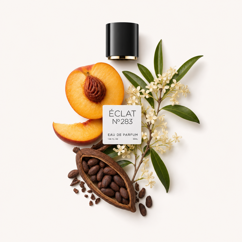 Ein Arrangement aus Pfirsichscheiben, Kakaobohnen mit Schote und zarten weißen Blüten neben einer schwarzen Kappe mit Etikett, das ÉCLAT Fruity Cocoa darstellt.