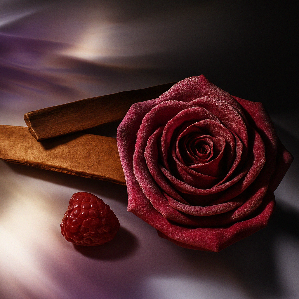 Eine tiefrote Rose wird von Zimtstangen und einer reifen Himbeere begleitet, die die Noten von ÉCLAT Fruity Dark Rose symbolisieren.