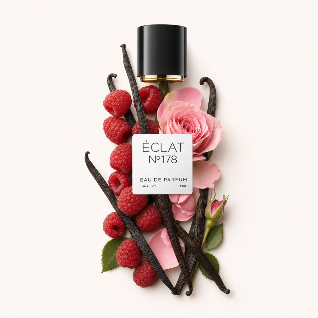Ein Arrangement aus Himbeeren, rosa Rosenblüten und Vanilleschoten unter einer schwarzen Kappe mit Etikett für ÉCLAT Fruity Dark Rose.