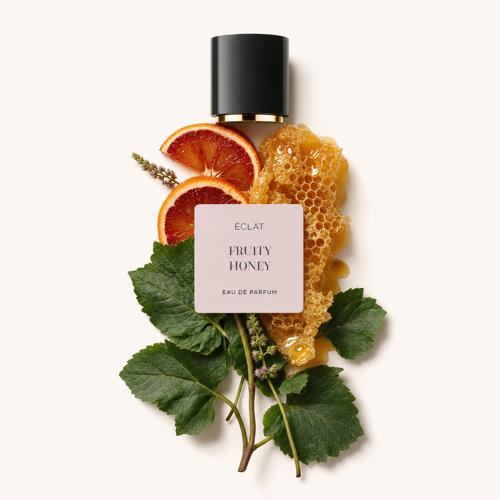 Ein Arrangement aus reifen Blutorangenscheiben, üppigen grünen Blättern und Honigwabe um die schwarze Kappe mit dem Etikett des ÉCLAT Fruity Honey Parfums.