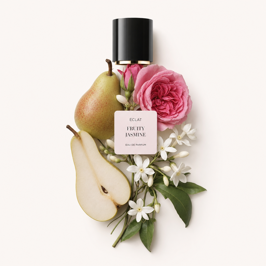 Ein Arrangement aus Birne, pinker Rose und Jasminblüten mit grünen Blättern umgibt eine schwarze Kappe mit ÉCLAT Fruity Jasmine Etikett.
