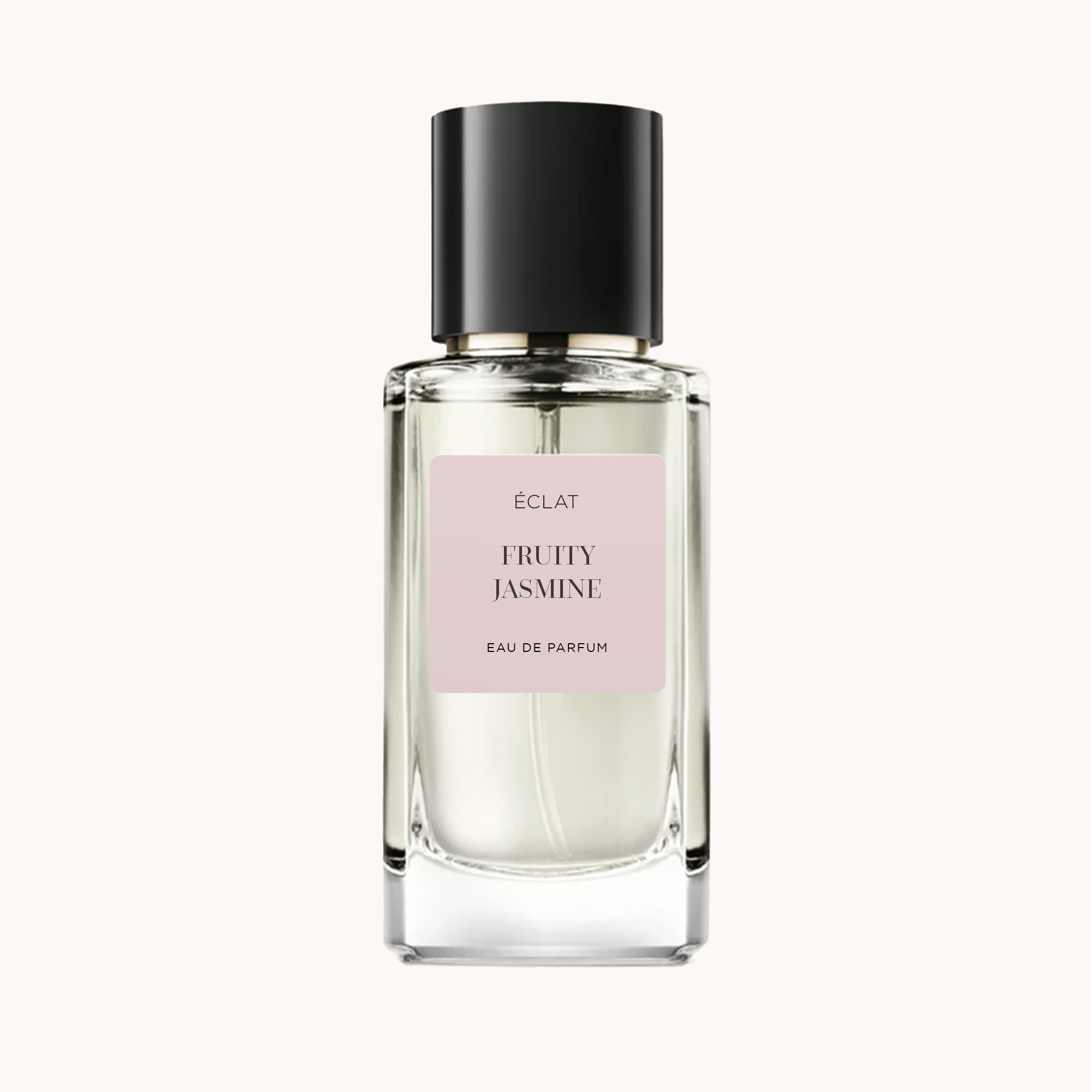 Eleganter Glasflakon von ÉCLAT Fruity Jasmine mit glänzend schwarzem Verschluss und zartrosa Etikett.