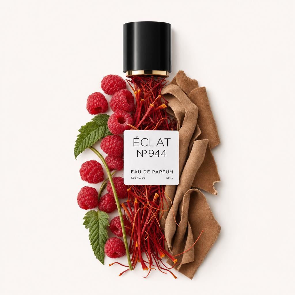 Ein kunstvolles Arrangement aus Himbeeren mit grünen Blättern, roten Safranfäden und einem Stück braunem Leder, umgeben von einer schwarzen Kappe mit goldenem Rand und Etikett für ÉCLAT Fruity Leather.
