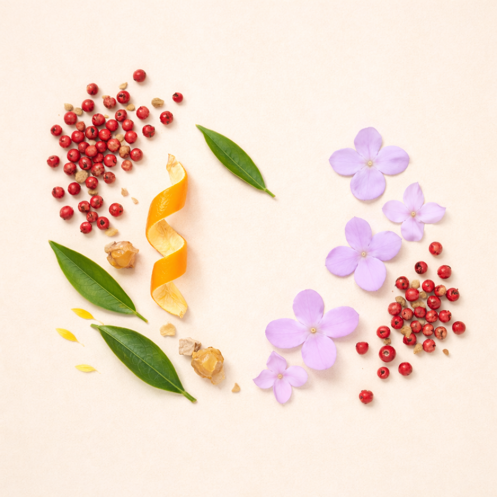 Arrangement aus Fliederblüten, roten Pfefferkörnern, grünen Blättern, Zitrusschale und Harz evoziert die Duftnoten von ÉCLAT Fruity Lilac.