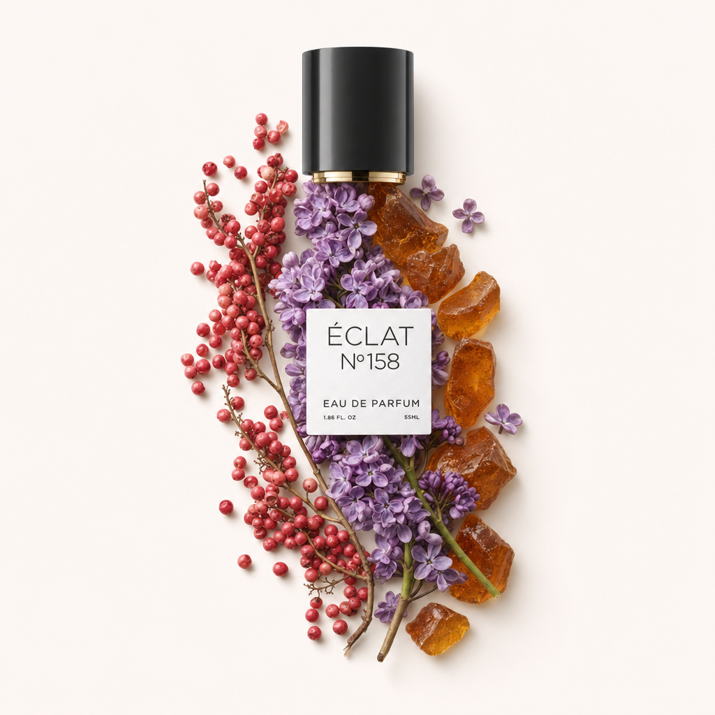 Ein von Hand arrangiertes Stillleben mit Fliederblüten, roten Pfefferkörnern und harzartigem Bernstein, umgeben von der originalen schwarzen Verschlusskappe mit Etikett von ÉCLAT Fruity Lilac.