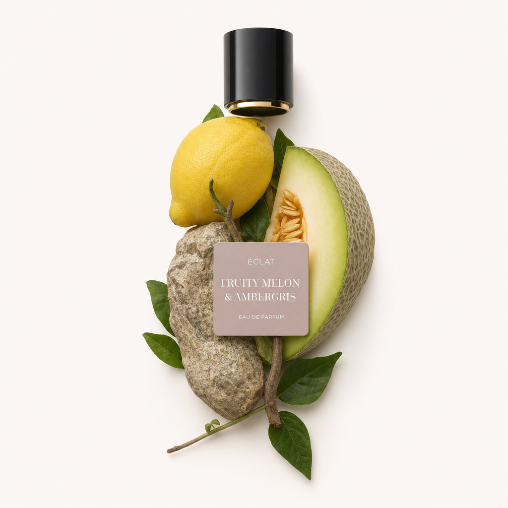Eine Komposition aus Zitrone, Melonenscheibe und Ambergris-Stein, arrangiert mit grünen Blättern, gekrönt von einer schwarzen Kappe mit einem ÉCLAT Fruity Melon & Ambergris Etikett.