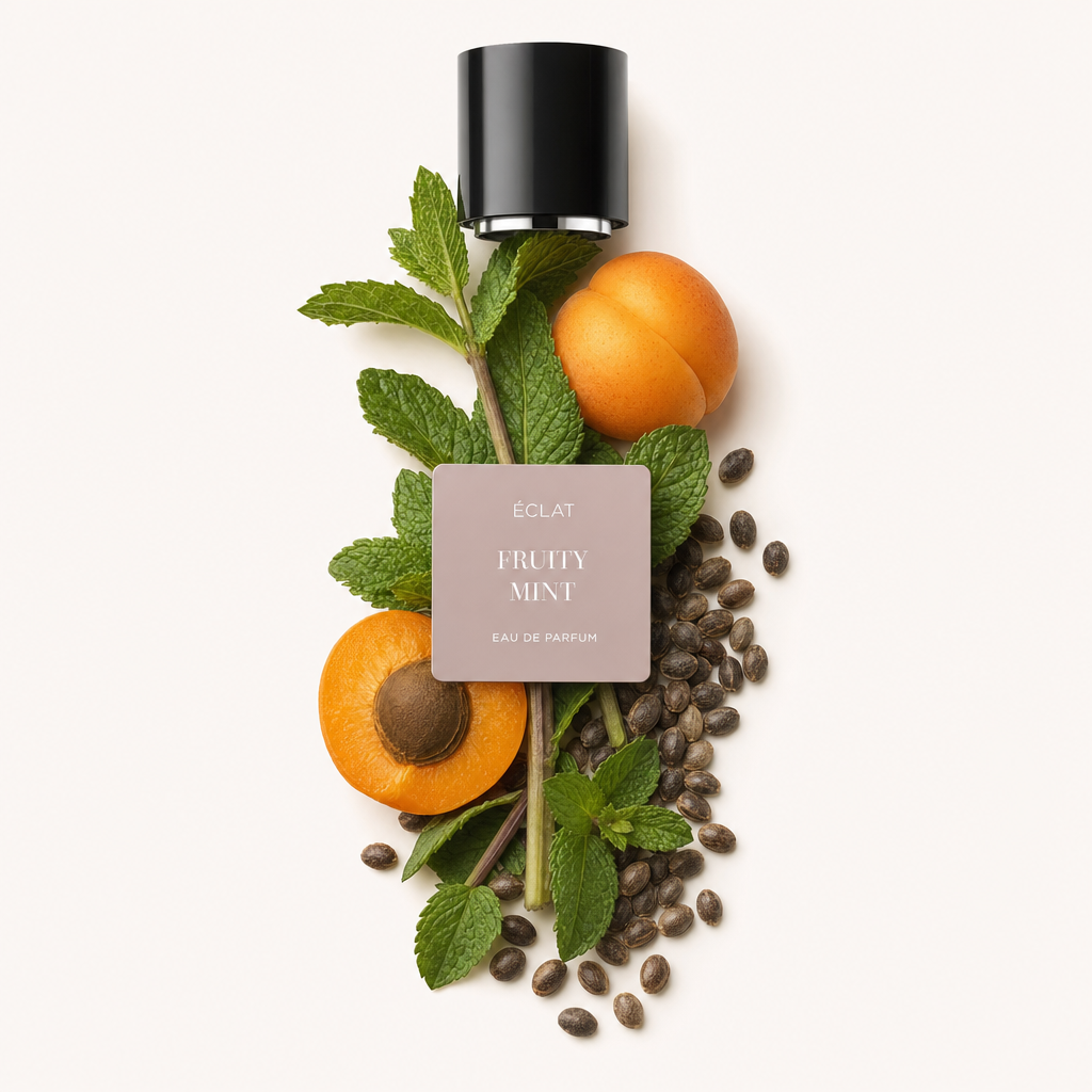 Ein Arrangement aus frischen Minzblättern, Aprikosen und Samen umgibt eine schwarze Kappe mit einem Etikett von ÉCLAT Fruity Mint.