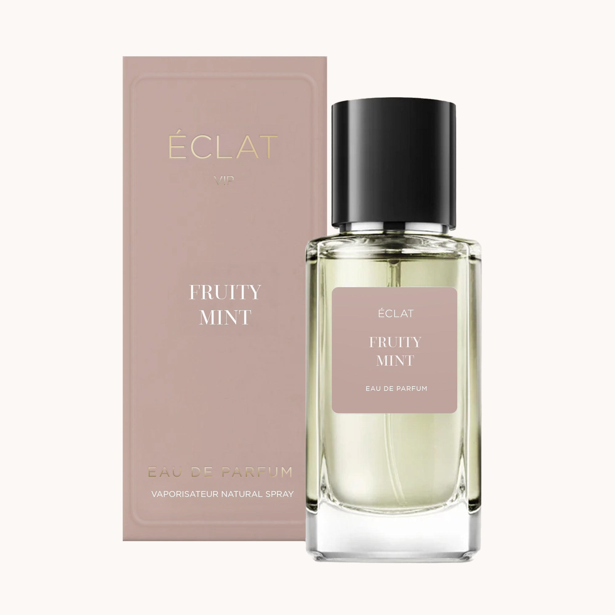Facettierter Glasflakon von ÉCLAT Fruity Mint mit schwarzer Kappe neben seiner matten beigefarbenen Verpackung.