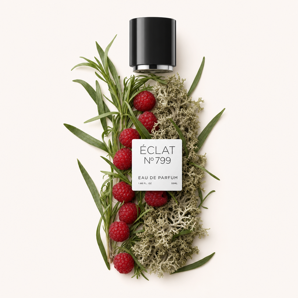 Ein Arrangement aus Himbeeren, grünen Blättern und Eichenmoos umgibt eine schwarze Kappe mit einem Etikett von ÉCLAT Fruity Oak Moss.