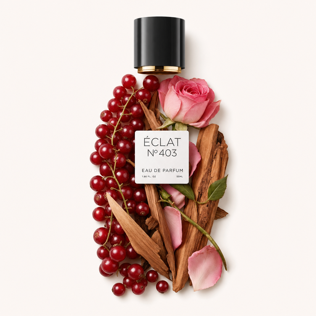 Ein Arrangement aus roten Johannisbeeren, rosa Rosenblütenblättern und Holzspänen umgibt eine schwarze Kappe mit ÉCLAT Fruity Rose Etikett.