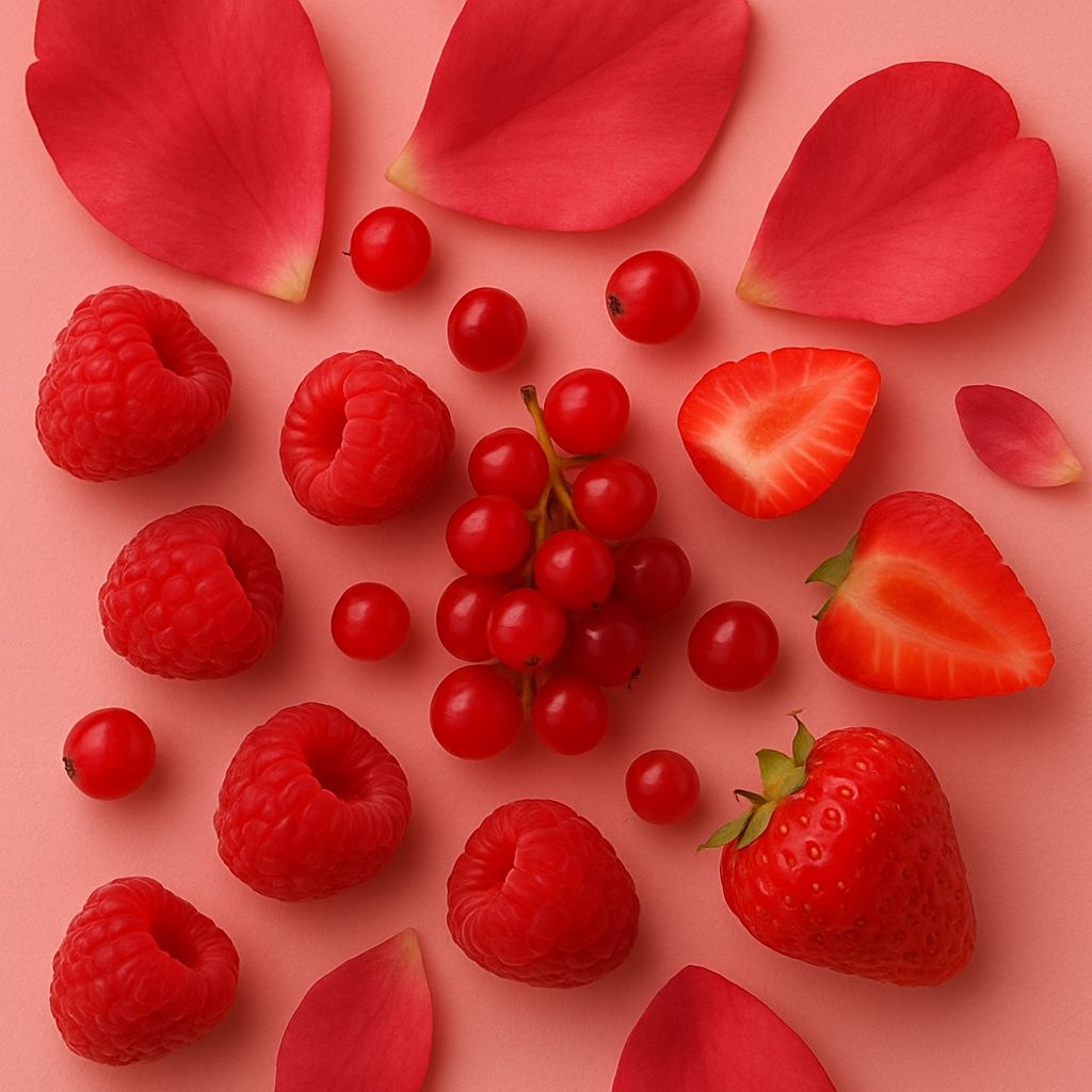 Rote Rosenblütenblätter, Himbeeren, Johannisbeeren und Erdbeeren auf einem sanften rosa Hintergrund.
