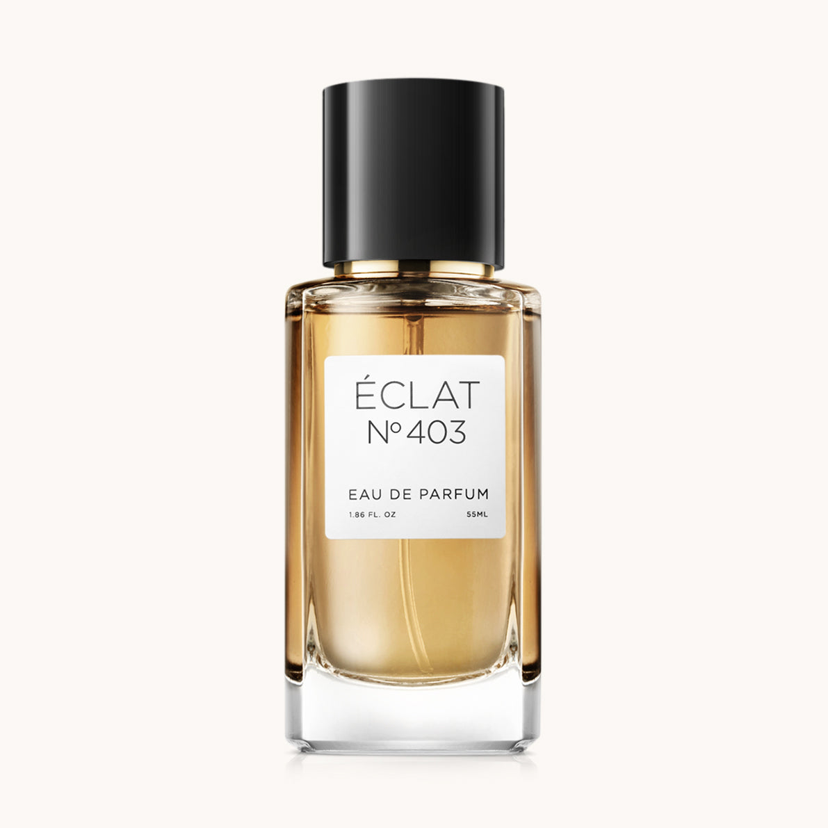 Facettierter Glasflakon von ÉCLAT Fruity Rose mit schwarzer Kappe und weißem Etikett an der Vorderseite.