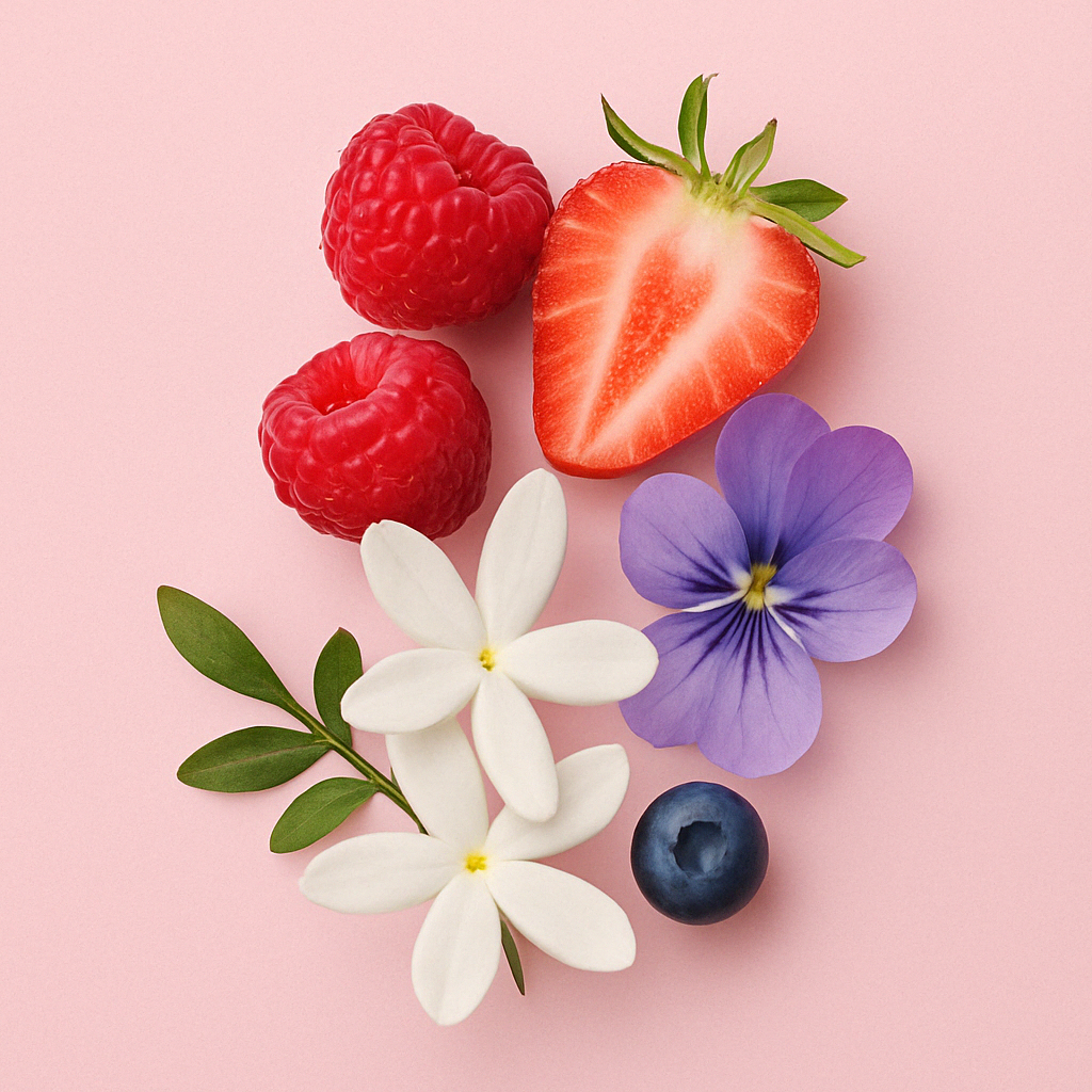Verschiedene Früchte und Blumen auf rosa Hintergrund, mit einer halbierten Erdbeere, Himbeeren, einer Heidelbeere, Jasminblüten und einem Veilchen.