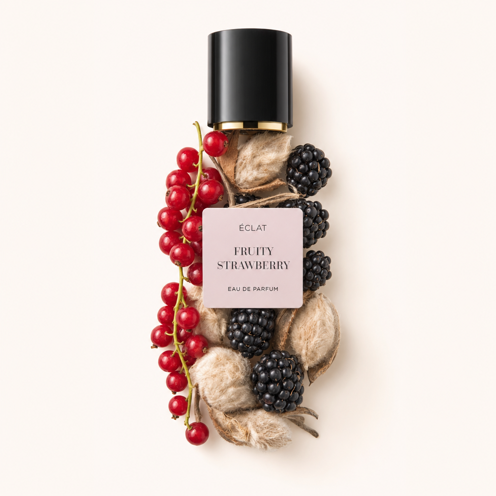 Ein Arrangement aus roten Johannisbeeren und Brombeeren umgibt die schwarze Verschlusskappe von ÉCLAT Fruity Strawberry mit einem blassrosa Etikett.