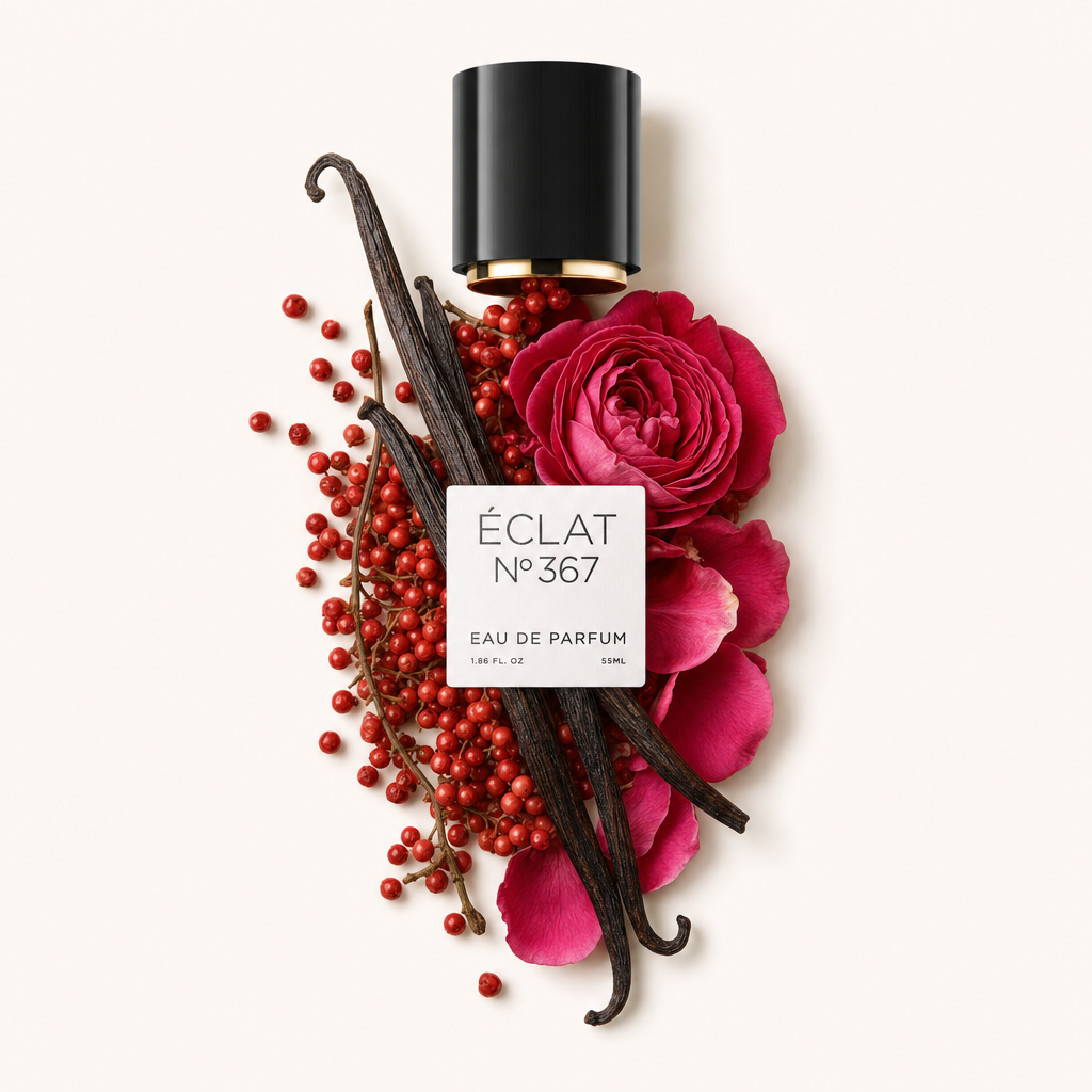 Ein Arrangement aus roten Beeren, pinken Blütenblättern und Vanilleschoten, gekrönt von einer schwarzen ÉCLAT-Kappe mit Etikett.