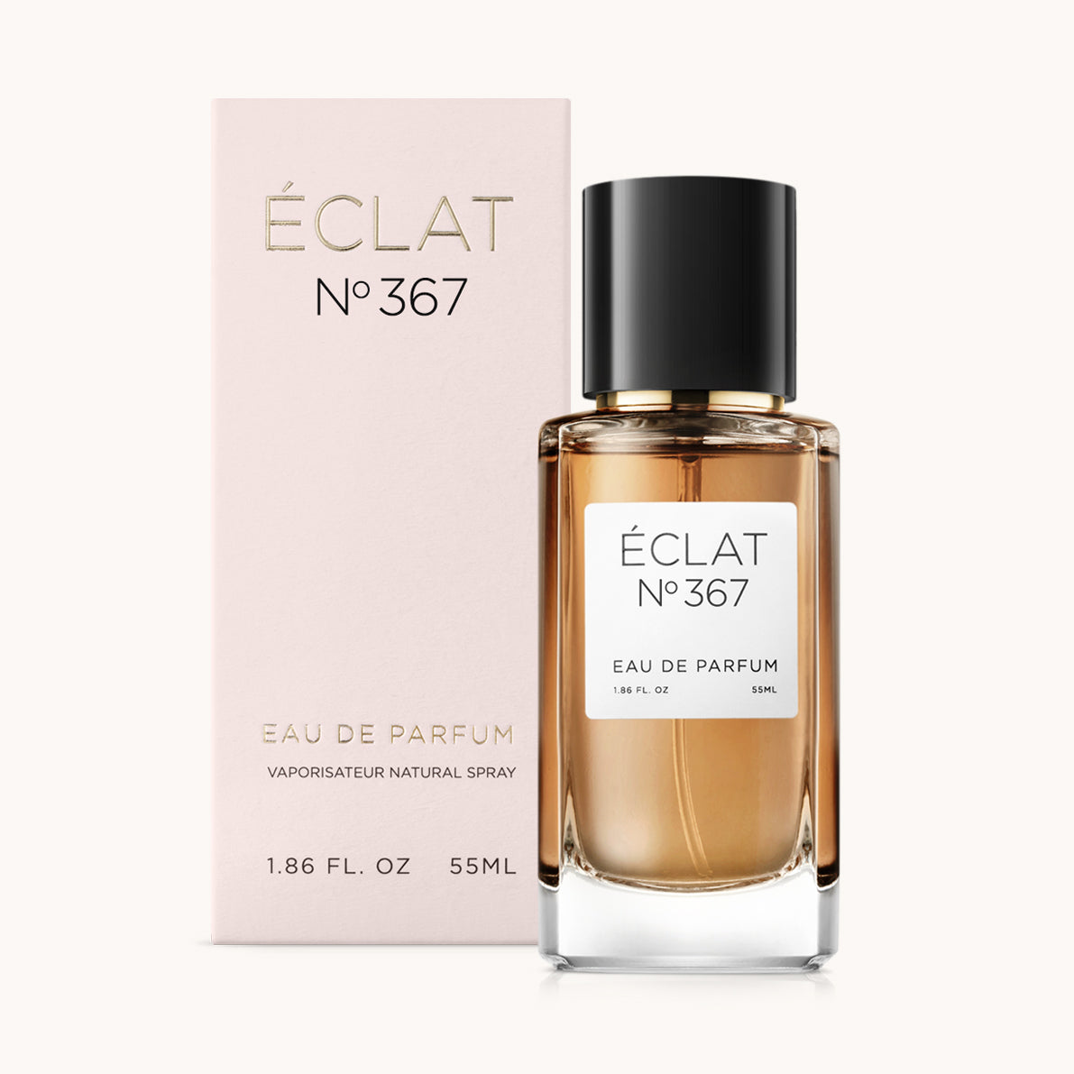 ÉCLAT Fruity Tonka Bean in einem facettierten Glasflakon mit schwarzem Verschluss, neben einer rosafarbenen Box.