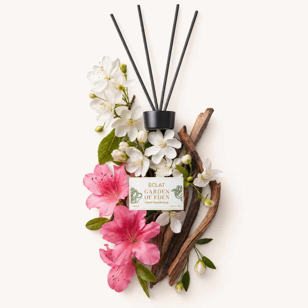 Ein Arrangement aus weißen und rosa Blüten mit Zweigen, mit einer schwarzen Kappe, beschriftet als ÉCLAT Garden of Eden Room Fragrance Sticks.