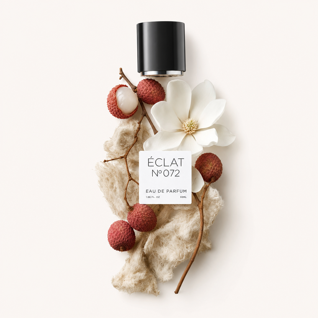 Ein Arrangement aus Litschi, Magnolienblüte und Rohbaumwolle umgibt die schwarze Kappe mit ÉCLAT Ginger & Magnolia Etikett.