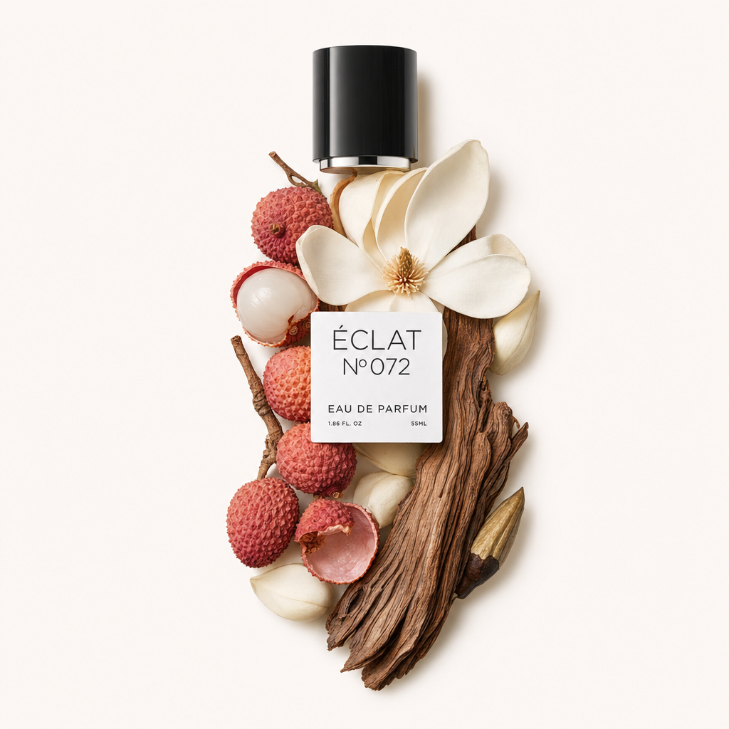 Ein Arrangement aus Litschis, Magnolienblüten und Holzelementen umgibt eine schwarze Kappe mit einem ÉCLAT Ginger & Magnolia-Etikett.
