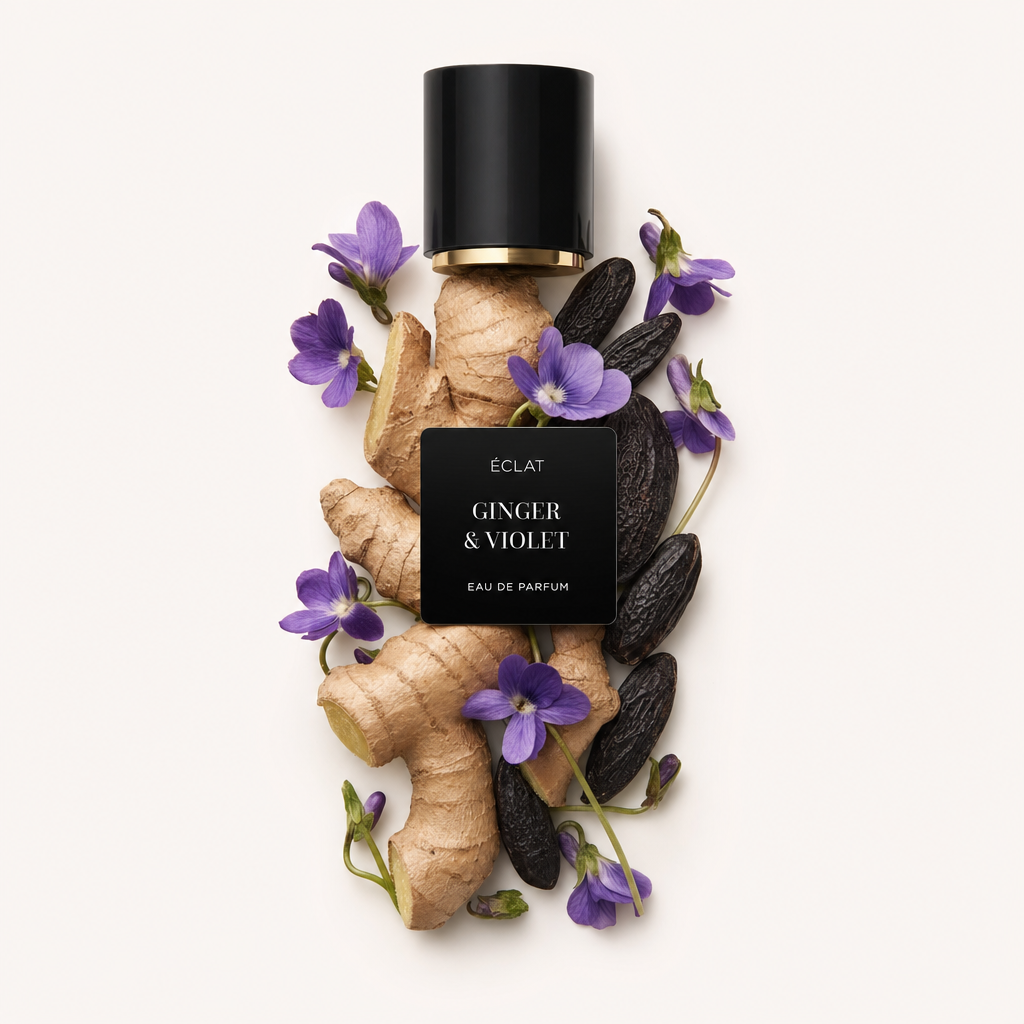 Ein von Hand arrangiertes Stillleben aus rohem Ingwer, Veilchenblüten und Tonkabohnen umgibt eine schwarze Verschlusskappe mit dem Etikett ÉCLAT Ginger & Violet.