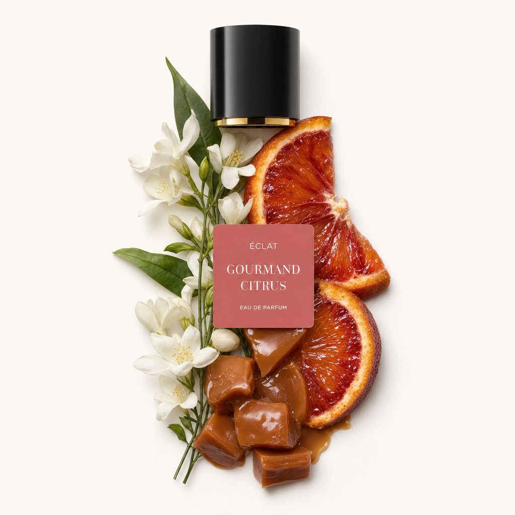 Ein Arrangement aus weißen Blüten, saftigen Blutorangenscheiben und Karamellstücken umgibt eine schwarze Kappe mit Etikett für ÉCLAT Gourmand Citrus.