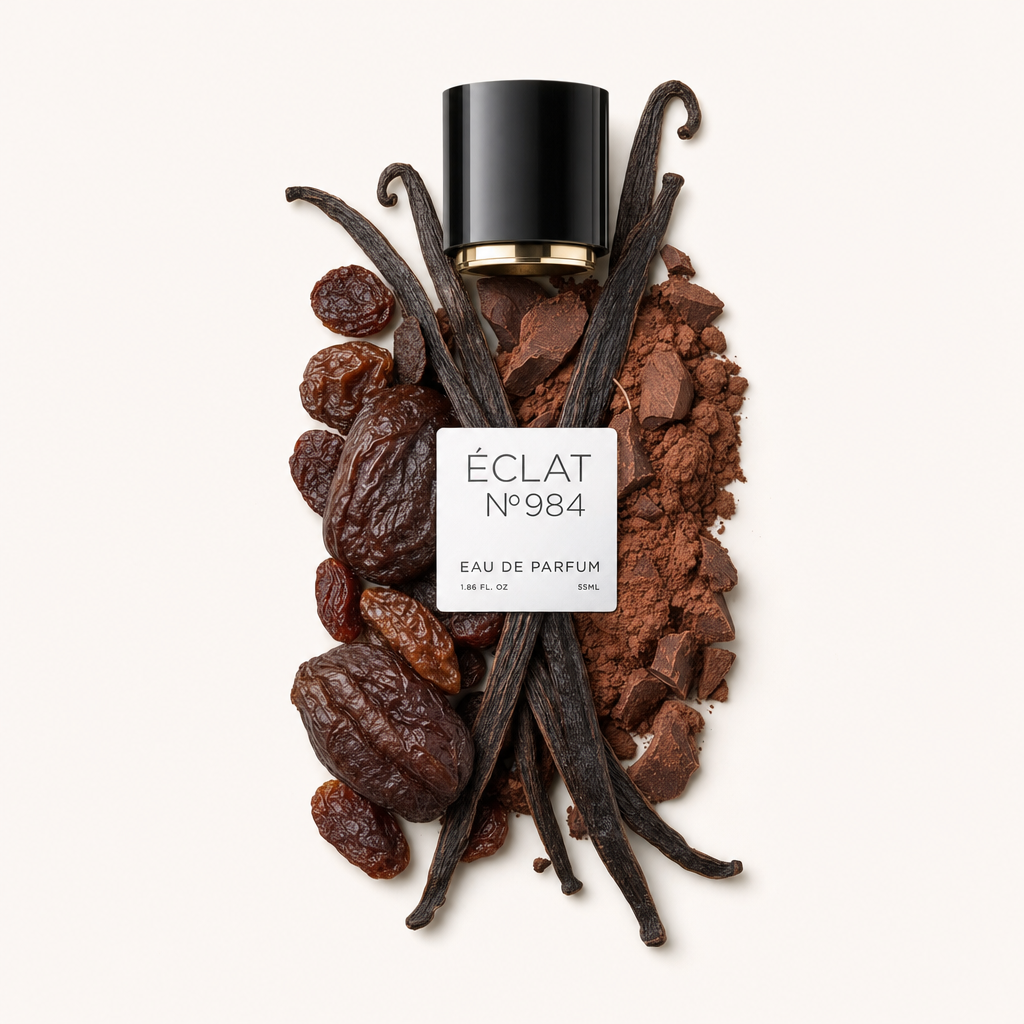 Ein Arrangement aus Kakaopulver, Vanilleschoten und Trockenfrüchten umgibt eine schwarze Kappe mit dem ÉCLAT Gourmand Cocoa Etikett.