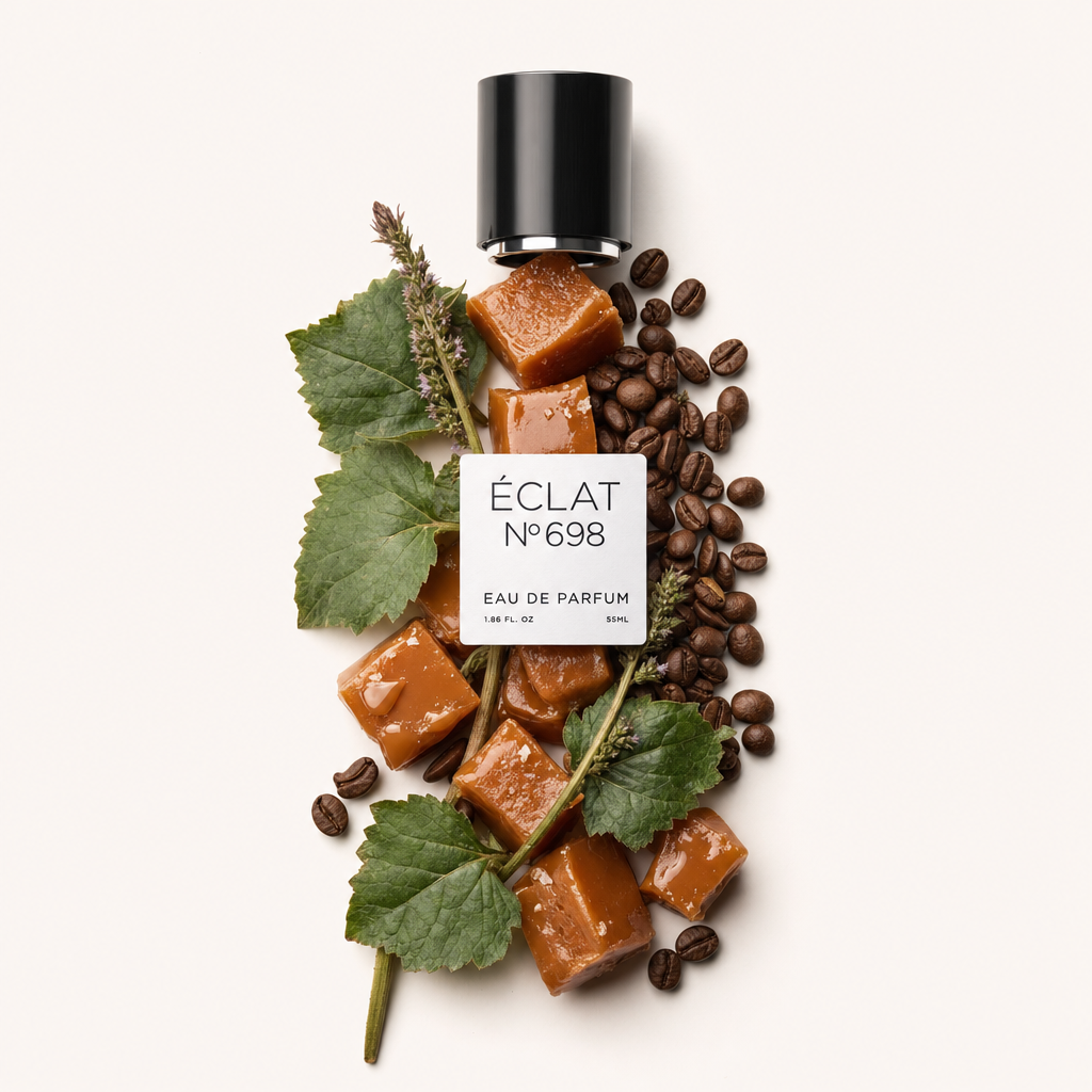 Ein Arrangement aus Karamellwürfeln, Kaffeebohnen und grünen Blättern mit der originalen schwarzen ÉCLAT Verschlusskappe und Etikett obenauf.