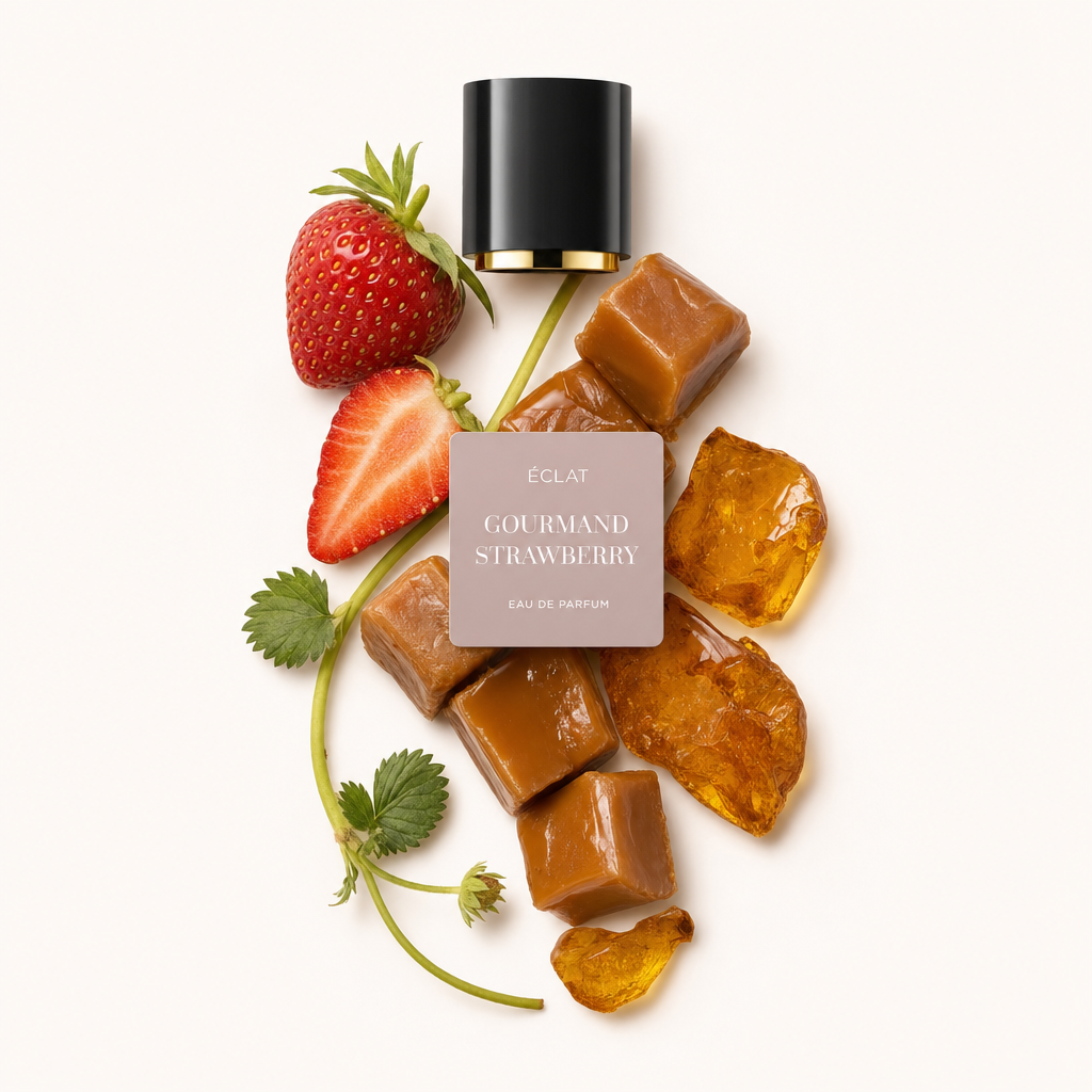 Ein Arrangement aus Karamellwürfeln, einer aufgeschnittenen Erdbeere mit Blättern und bernsteinfarbenen Zuckersplittern umgibt eine schwarze Kappe mit ÉCLAT Gourmand Strawberry Etikett.