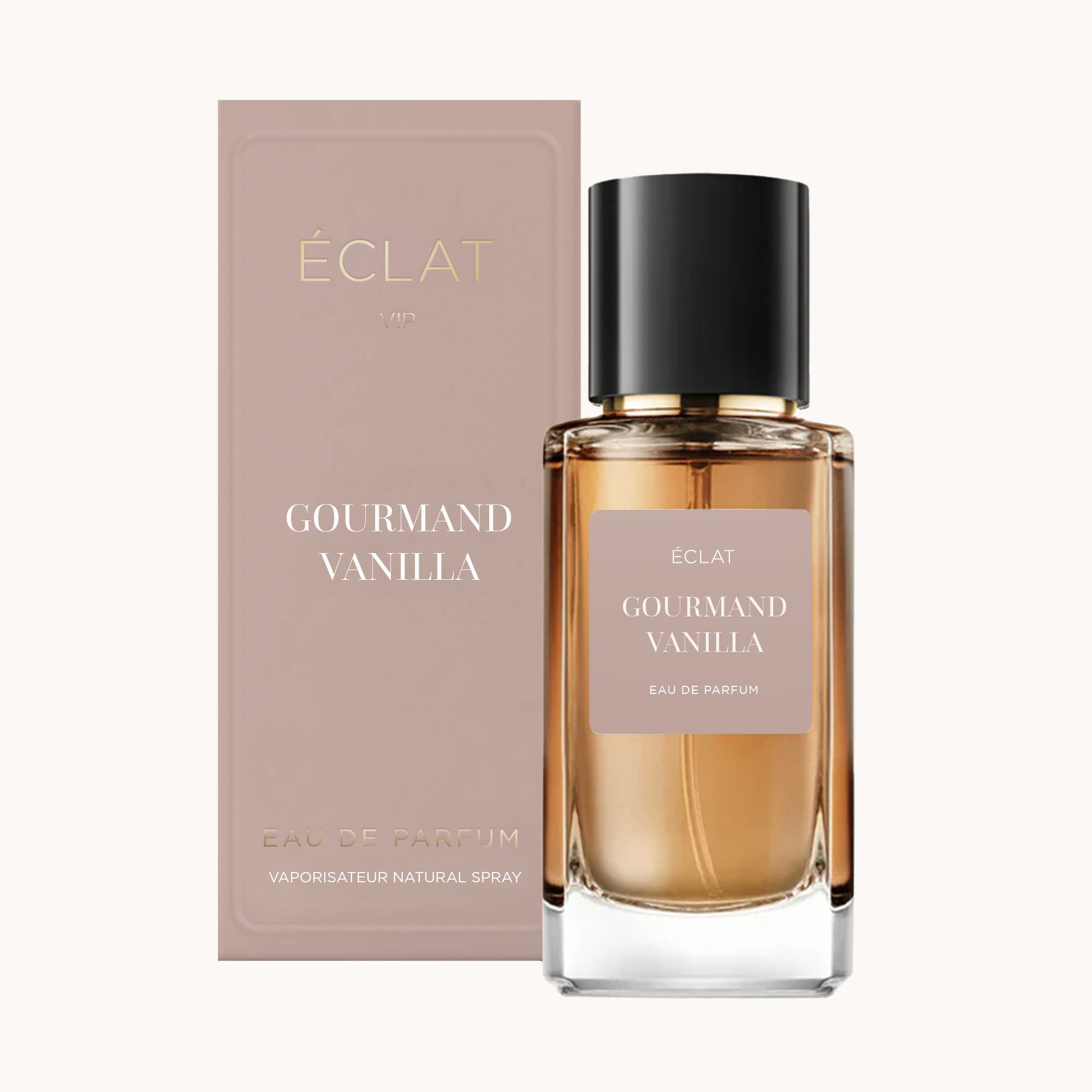 Facettierter Glasflakon von ÉCLAT Gourmand Vanilla VIP mit schwarzem Verschluss neben einer mauvefarbenen Box.
