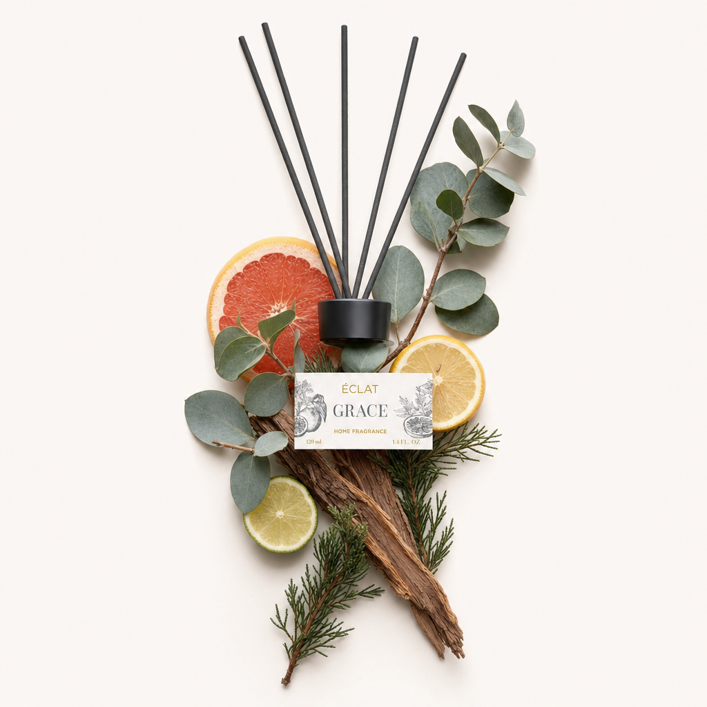 Ein Arrangement aus Grapefruit-, Zitronen-, und Limettenscheiben, Eukalyptusblättern und Zedernzweigen umgibt eine schwarze Kappe mit ÉCLAT Grace-Etikett.