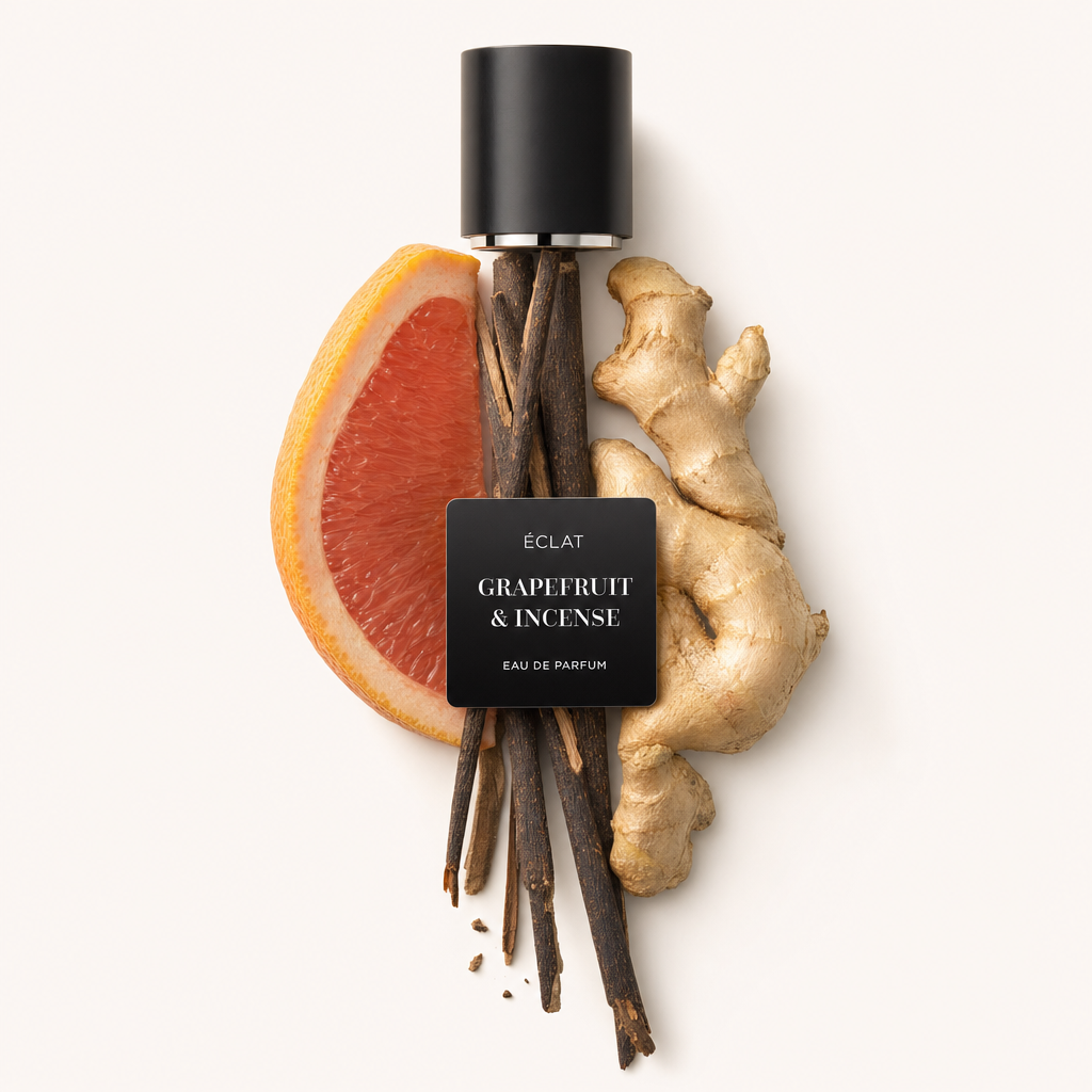 Ein Arrangement aus Grapefruitscheibe, Räucherstäbchen und Ingwerwurzel mit ÉCLAT schwarzer Kappe und Etikett.