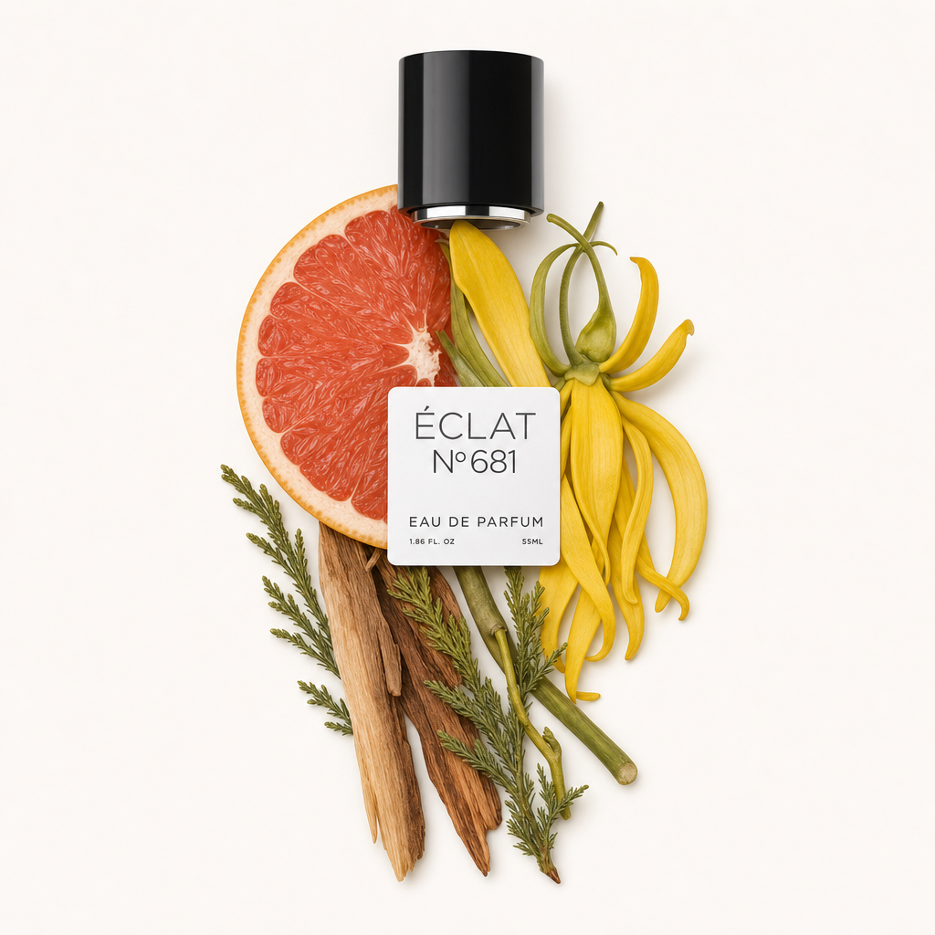 Eine halbe Grapefruit und gelbe Ylang-Ylang-Blüten sind kunstvoll mit Zedernholz und anderen botanischen Elementen arrangiert, gekrönt von der originalen schwarzen Kappe mit ÉCLAT-Etikett.