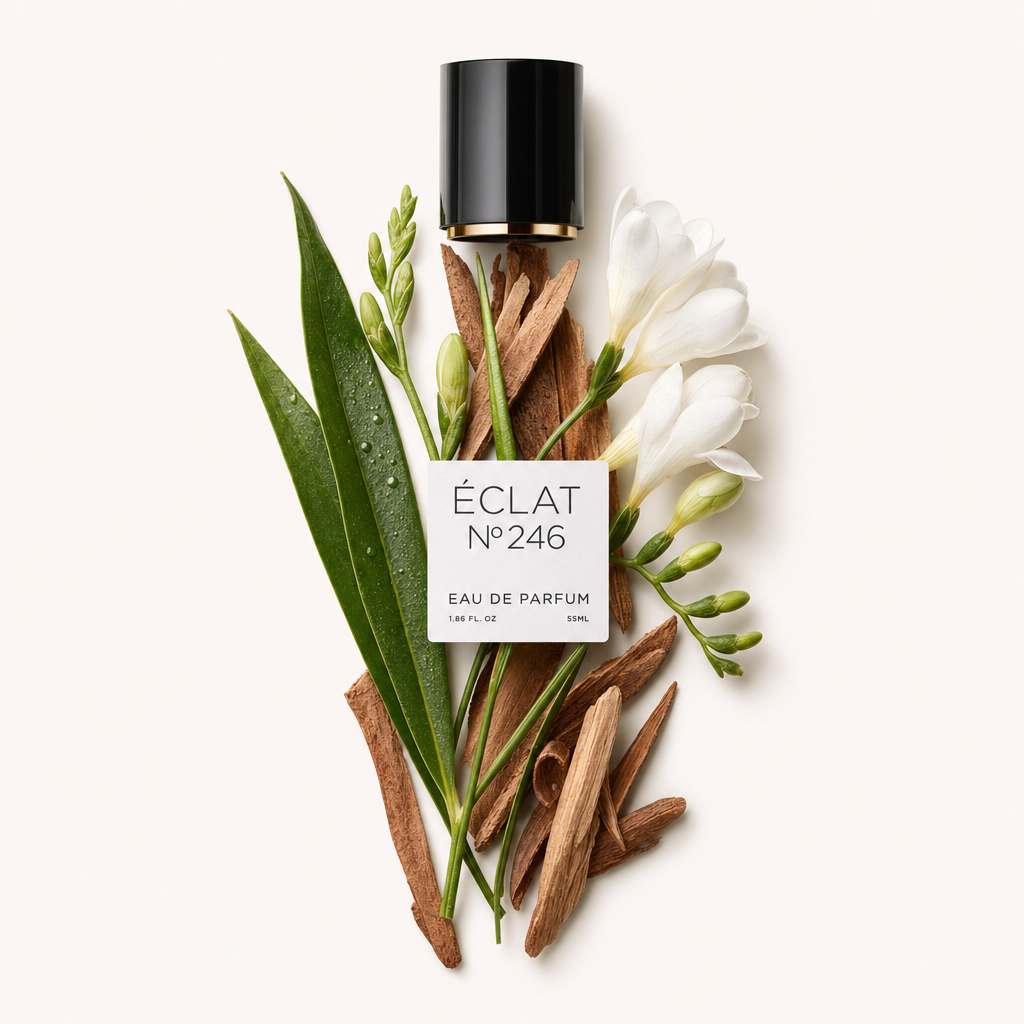 Ein Arrangement aus grünen Blättern, Freesienblüten und Holzelementen umgibt eine schwarze Kappe mit Etikett für ÉCLAT VIP - Green Leafs & Freesia.