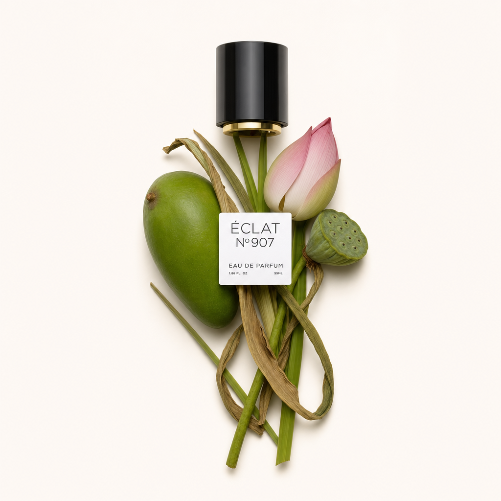 Ein Arrangement aus frischer grüner Mango, Lotusknospe und Samenkapsel mit einer schwarzen Kappe, beschriftet mit ÉCLAT Green Mango & Lotus.
