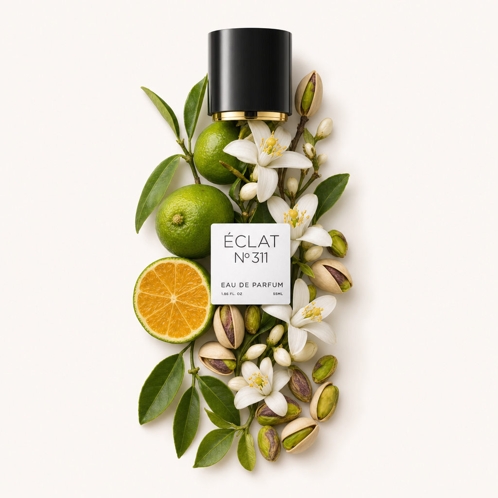 Ein Arrangement aus Limetten, Orangenscheiben, weißen Blüten und Pistazien umgibt eine schwarze Kappe mit dem Etikett ÉCLAT.
