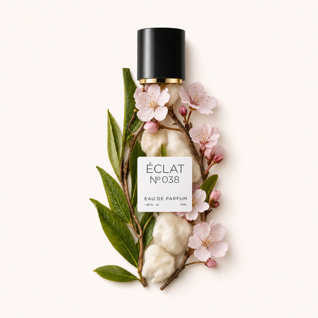 Ein Arrangement aus Kirschblüten, Grünteeblättern und Baumwolle umgibt die originale schwarze Kappe mit goldenem Akzent von ÉCLAT Green Tea & Cherry Blossom.