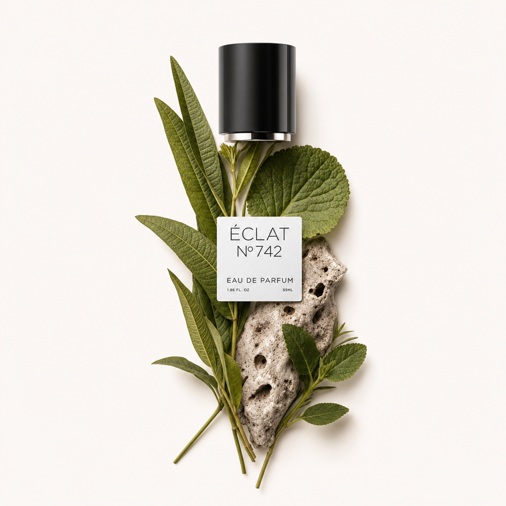Ein Arrangement aus Eisenkrautblättern, einem strukturierten Stein und einer schwarzen Kappe mit einem Etikett der ÉCLAT Green Vervain.