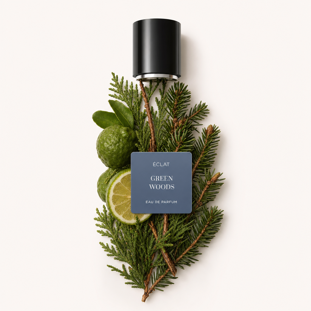 Ein Arrangement aus frischen Tannenzweigen, Bergamotte und Limettenscheiben unter einer schwarzen Kappe mit dem ÉCLAT Green Woods Etikett.