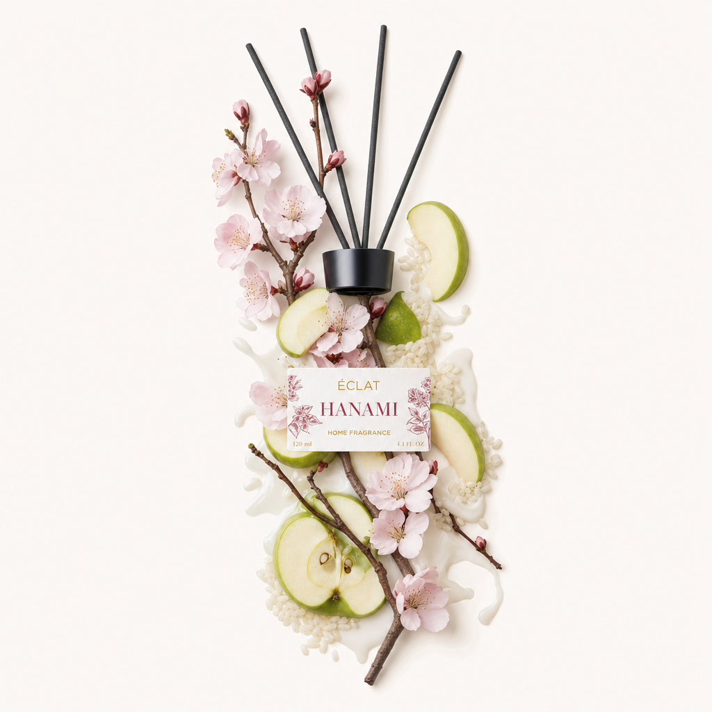 Ein elegantes Arrangement aus Kirschblüten, Apfelscheiben und Holzstücken umgibt ÉCLAT Hanami Raumduftstäbchen mit schwarzer Kappe und Etikett.