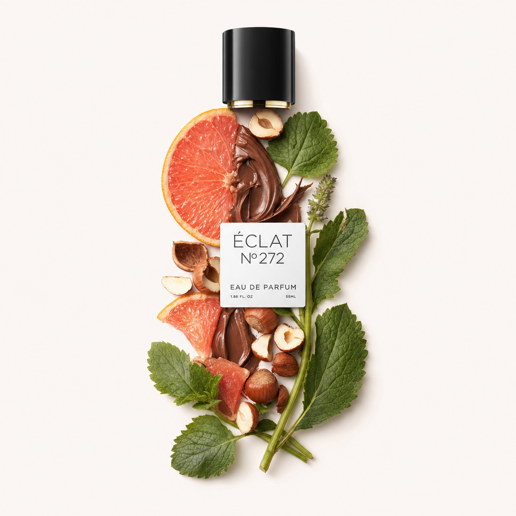 Ein kunstvolles Arrangement aus Grapefruitscheiben, ganzen und gehackten Haselnüssen, Kakaocreme und grünen Blättern, mit der originalen ÉCLAT-Verschlusskappe mit Etikett obenauf.