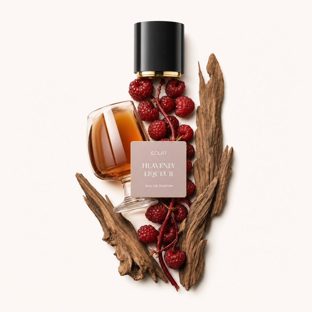Ein kunstvolles Arrangement aus Himbeeren, einem halbgefüllten Glas mit bernsteinfarbener Flüssigkeit und Holzstücken umgibt die originale ÉCLAT Heavenly Liqueur Kappe mit Etikett.