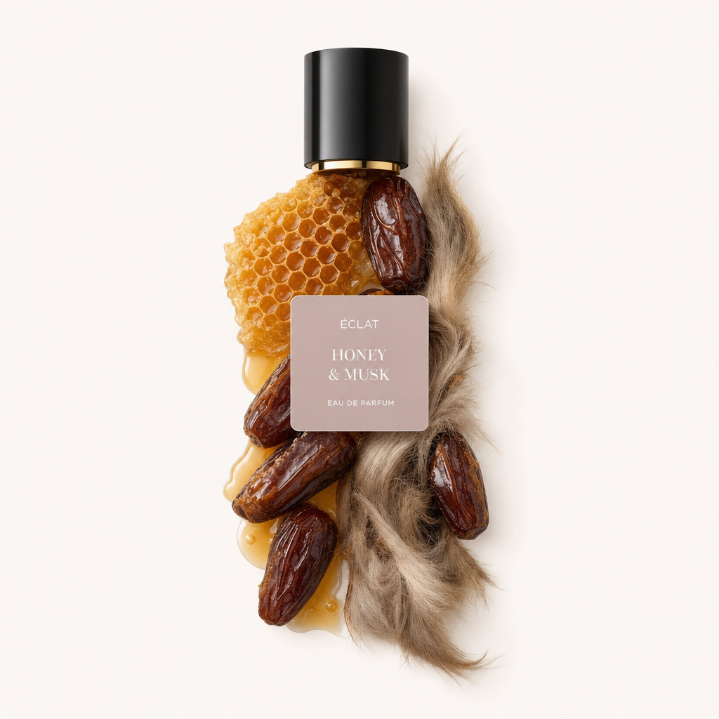 Ein Arrangement aus Honigwaben, Datteln und Moschusfell umgibt elegant die originale schwarze Verschlusskappe mit dem Etikett von ÉCLAT Honey & Musk.