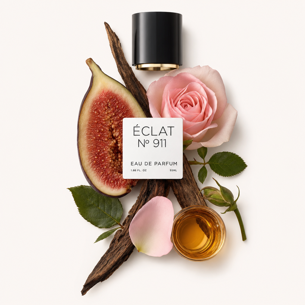 Ein Arrangement aus Feige, Rose und Whiskey-Zutaten mit einer schwarzen Kappe oben, die das Etikett ÉCLAT 911 zeigt.